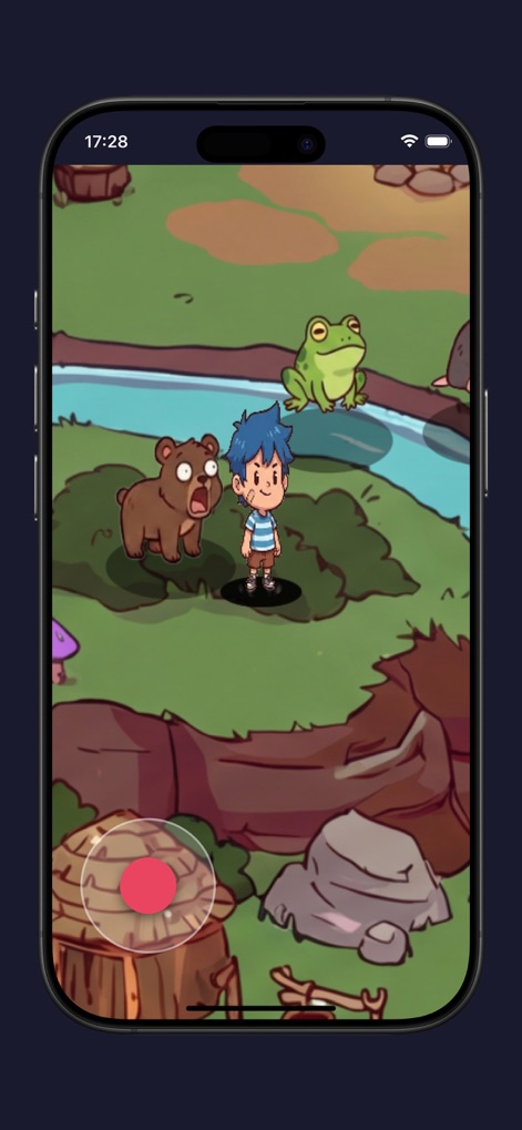 My Voice Zoo App - Observez l'avatar au centre de l'action, interagissant avec un ours et une grenouille, soulignant l'intégration du bouton d'enregistrement vocal pour une personnalisation ludique.