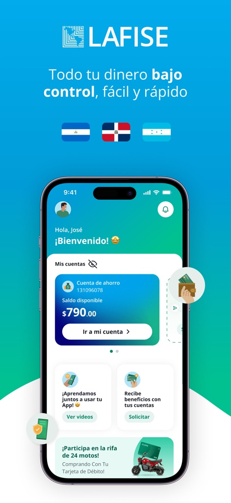 LAFISE Digital - Die App bietet eine persönliche Begrüßung für den Nutzer und stellt den aktuellen Kontostand von $790.00 prominent dar, ergänzt durch die Landesflaggen der unterstützten Regionen.