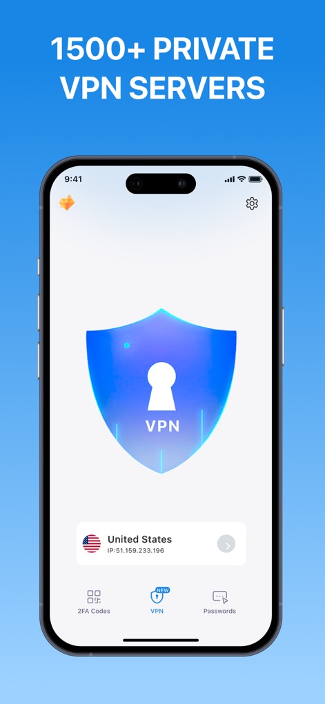 BlazeAuth - MFA Authenticator - Esta herramienta integra una robusta protección de privacidad, visualizada por el gran icono de escudo con la palabra 'VPN', y permite a los usuarios seleccionar y conectar a servidores privados, mostrando claramente la información del servidor activo, como 'United States' y su IP.