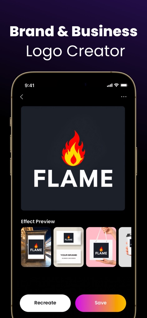 Arvin®: AI Product Photo Maker - The app allows users to visualize their generated logos, like the "FLAME" design, on various product mockups and business assets, ensuring brand consistency.