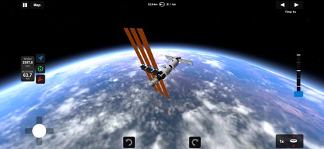 Ellipse: Rocket Simulator - Observe a complex space station-like structure in orbit around Earth, demonstrating advanced orbital dynamics alongside real-time speed and altitude readouts.
