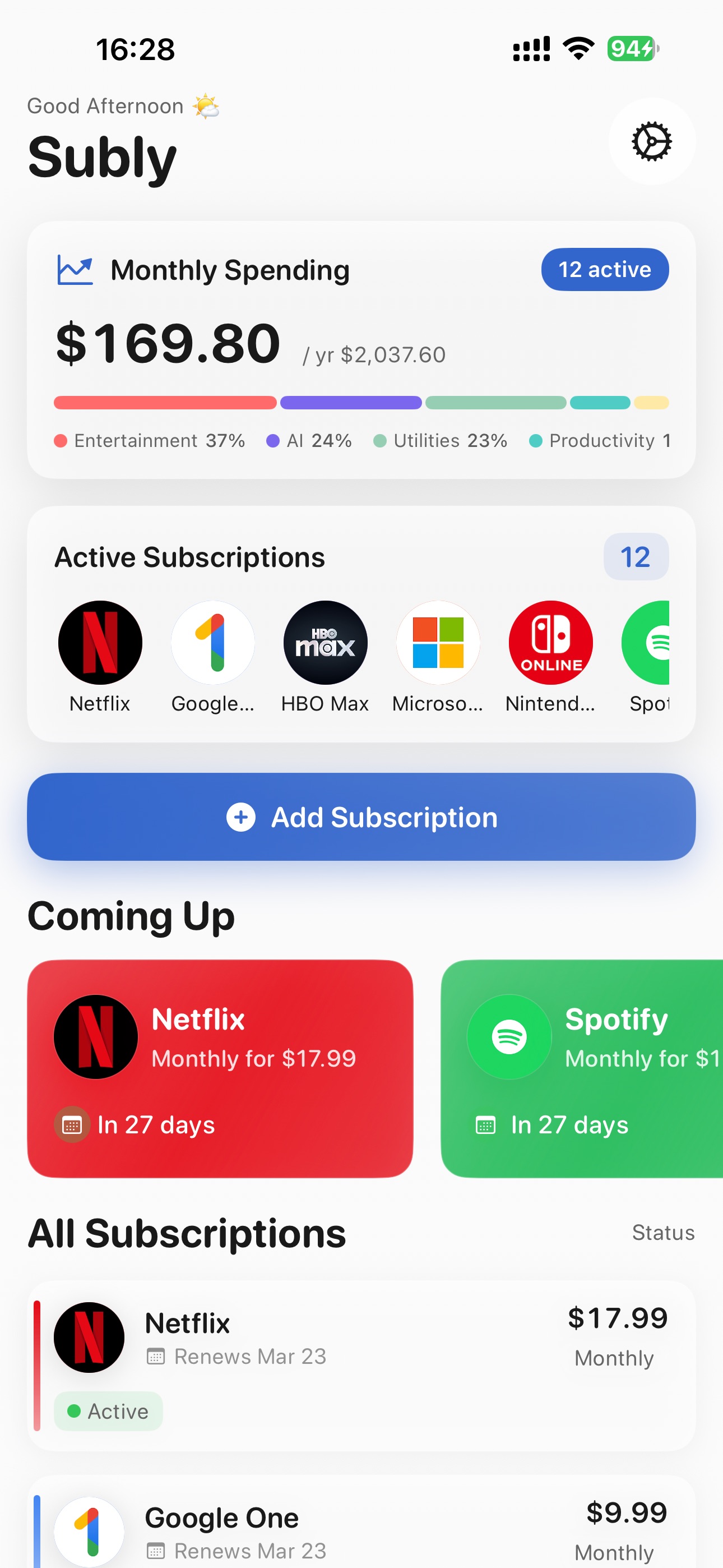 Subscription tracker: Subly screenshot 1