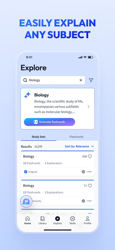 Vaia: AI Flashcards. Study App - La section 'Explore' permet aux utilisateurs de rechercher des sujets spécifiques comme la biologie et d'accéder à des 'Study Sets' et 'Flashcards' générés par l'IA ou partagés par la communauté.