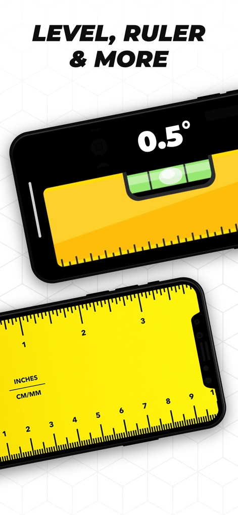 Tape Measure™ - Esta captura muestra la versatilidad de la aplicación, presentando un nivel de burbuja digital que indica una inclinación de 0.5 grados y una regla virtual que ofrece medidas en pulgadas y milímetros.
