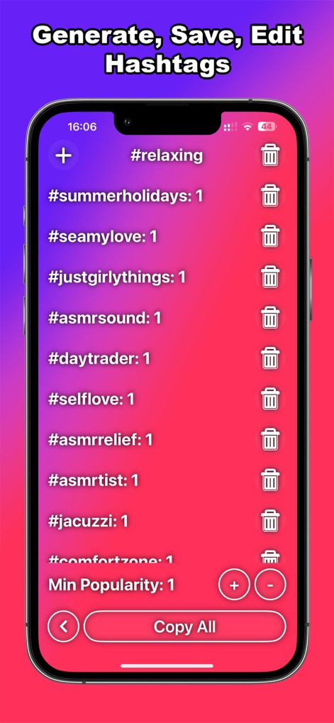 Followers: Unfollowers Tracker - Enhance post visibility with dynamic hashtag generation, where users can customize their list with "Delete" options and "Copy All" relevant tags.
