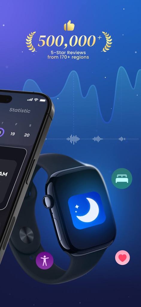 Sleep Tracker: Recorder, Sound - 이 도구는 Apple Watch와의 원활한 연동을 통해 500,000개 이상의 긍정적인 평가와 함께 사용자의 수면 통계 그래프를 통합적으로 보여줍니다.