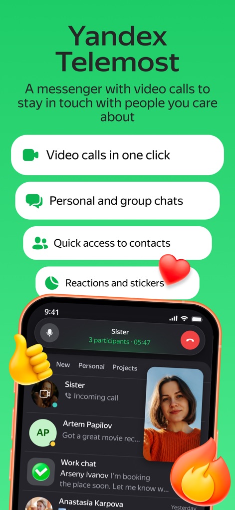 Yandex Telemost - Dieses Bild präsentiert die Kernfunktionen der App auf übersichtliche Weise, wobei die intuitiven Funktionskarten wie "Video calls in one click" und die Vorschau auf den Chat-Verlauf und eingehende Anrufe die einfache Nutzung hervorheben.