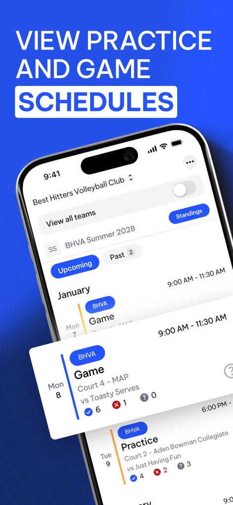 TeamLinkt - Sports Team App - Cet outil offre un calendrier détaillé des matchs et des entraînements, où les utilisateurs peuvent distinguer facilement les événements à venir et passés pour une gestion optimale.