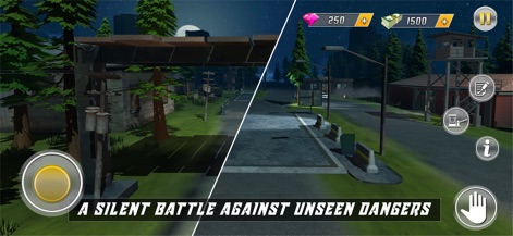 Police Simulator Border Patrol - La aplicación presenta entornos dinámicos día y noche, revelando una estación de control iluminada junto a una zona boscosa oscura, contrastando la vigilancia.