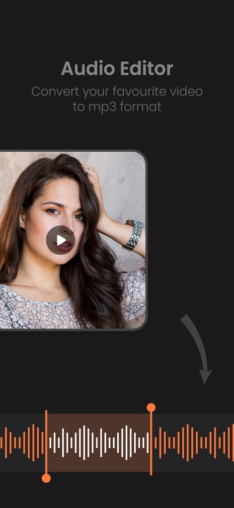AudioLab Audio Editor Recorder - Esta herramienta facilita la conversión de video a MP3, mostrando una imagen de previsualización con un botón de reproducción y una clara indicación visual del proceso de transformación a una forma de onda de audio.