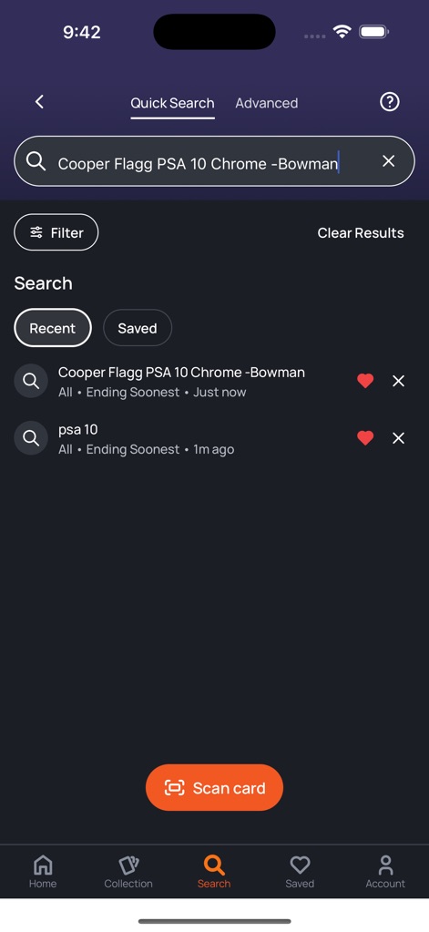 130 Point - Optimize your search experience with options for 'Quick Search' or 'Advanced' filters, complemented by the convenient 'Scan card' feature for rapid lookups.