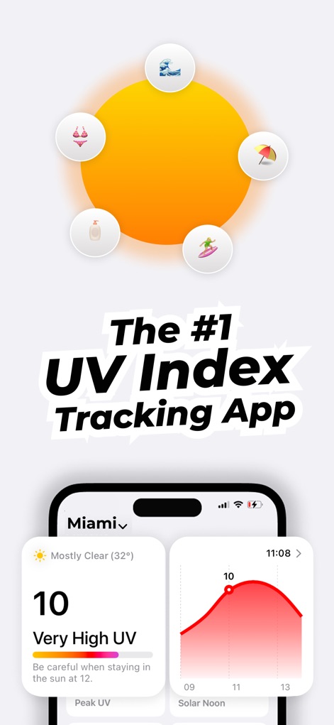 SunSafe: UV Index & Tanning - 本アプリは、現在地のリアルタイムのUV指数を明確に表示し、時間ごとの詳細なUV予測グラフで日差しへの備えをサポートします。
