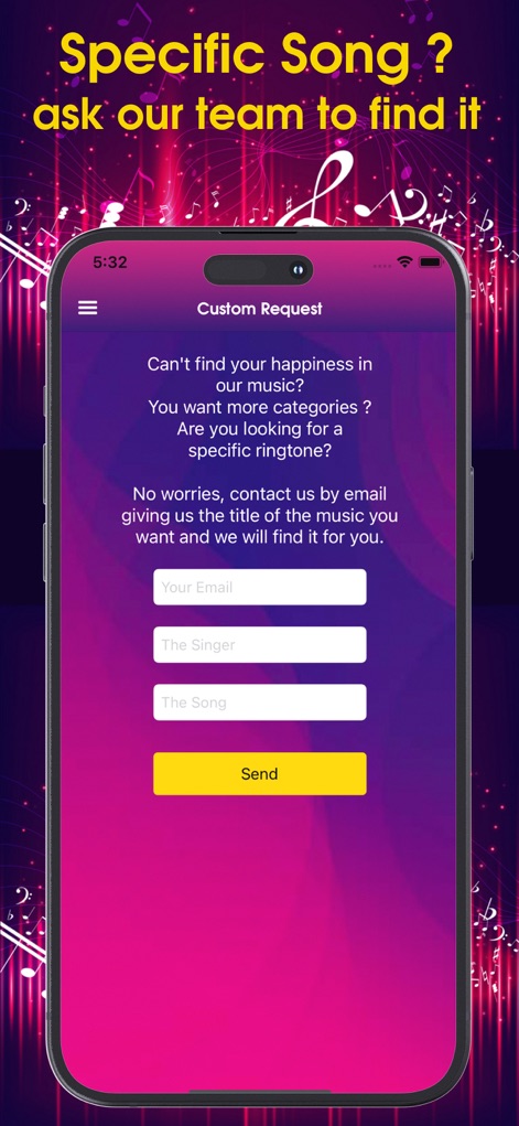 Ringtones for iPhone: Music - Découvrez la fonctionnalité de "Custom Request" permettant aux utilisateurs de demander une sonnerie spécifique, en remplissant simplement les champs dédiés à l'e-mail, l'artiste et le titre de la chanson.
