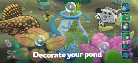 Pondlife — Relaxing Fish Game - The app allows players to personalize their pond with various decorations, including the unique broken vase accent and an assortment of lush, colorful aquatic plants, to create a bespoke aquatic sanctuary.