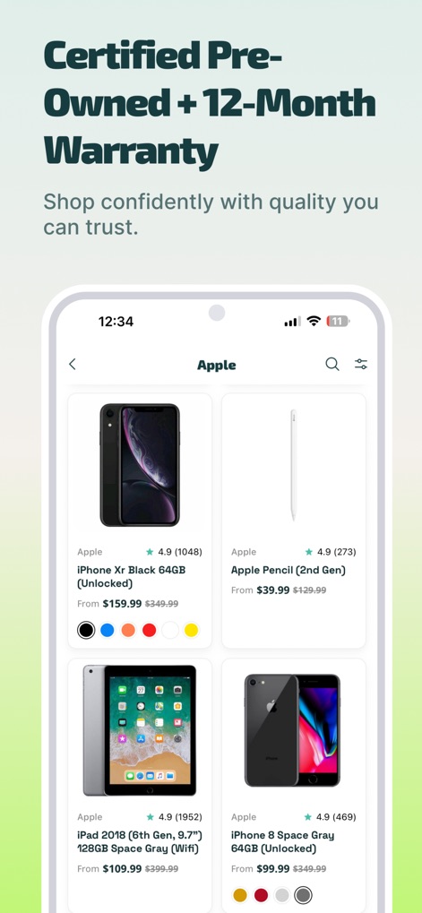 Plug® - Shop Tech - 이 앱은 아이폰 XR 및 아이패드와 같은 인증된 중고 제품 목록을 보여주며, 'Certified Pre-Owned + 12-Month Warranty' 문구로 신뢰할 수 있는 구매 경험과 품질을 보장합니다.