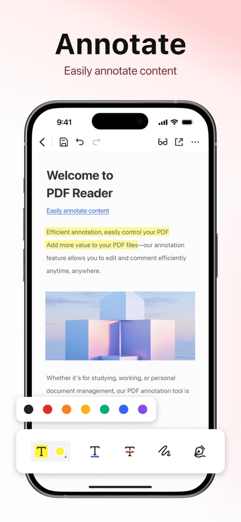 PDF Reader - Editor & Scanner - このPDF注釈機能は、豊富なカラーパレットを提供し、ハイライト、下線、テキスト追加などのツールで重要な情報を明確に表示します。