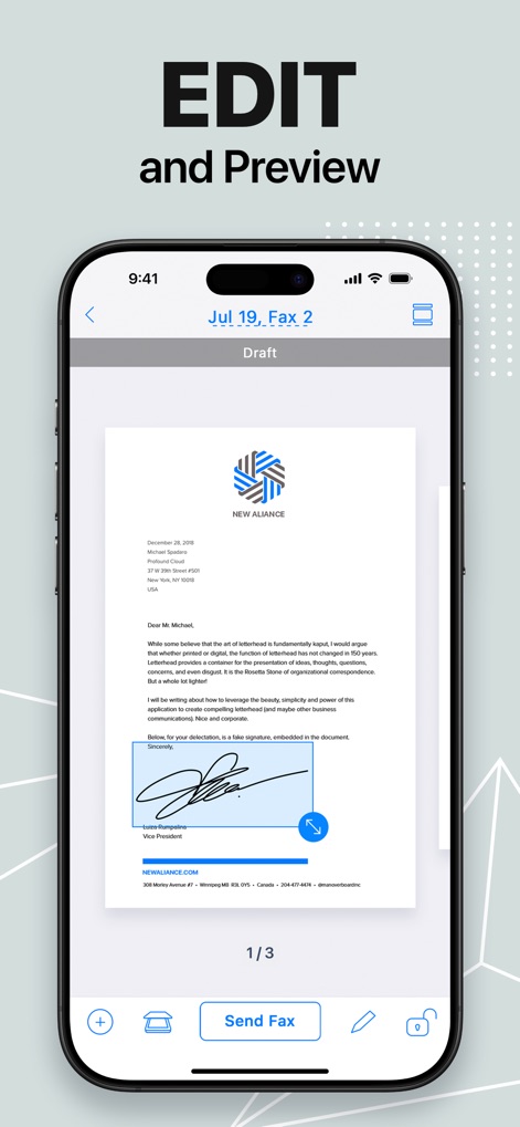 FaxFree: Send Fax From iPhone - The app enables users to 'EDIT and Preview' their documents, showcasing features like adding a signature field and navigating through multi-page documents before sending.