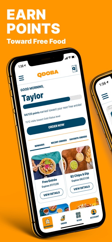 QDOBA Mexican Eats - Users can easily track their progress towards free food with a visible points progress bar and discover available rewards through the interactive rewards cards.