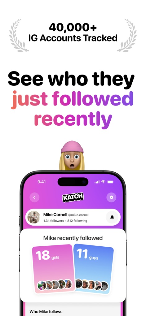 Katch: Recent Follow Tracker - Descubra los follows recientes de cualquier perfil, con un desglose visual que muestra categorías de "18 chicas" y "11 chicos" con sus respectivas fotos de perfil.