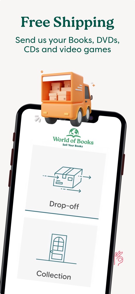 Sell books with World of Books - The app clearly presents free shipping methods, allowing users to choose between 'Drop-off' or 'Collection' for ultimate convenience.