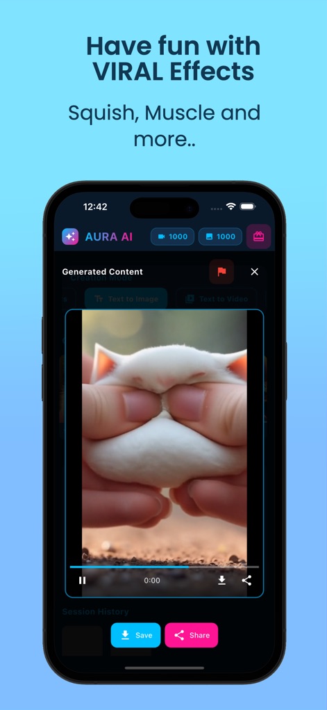 Aura AI Text & Image to Video - Ein abgespieltes Video demonstriert den amüsanten 'Squish'-Effekt, den Nutzer anschließend direkt über die 'Save' und 'Share' Buttons teilen können.