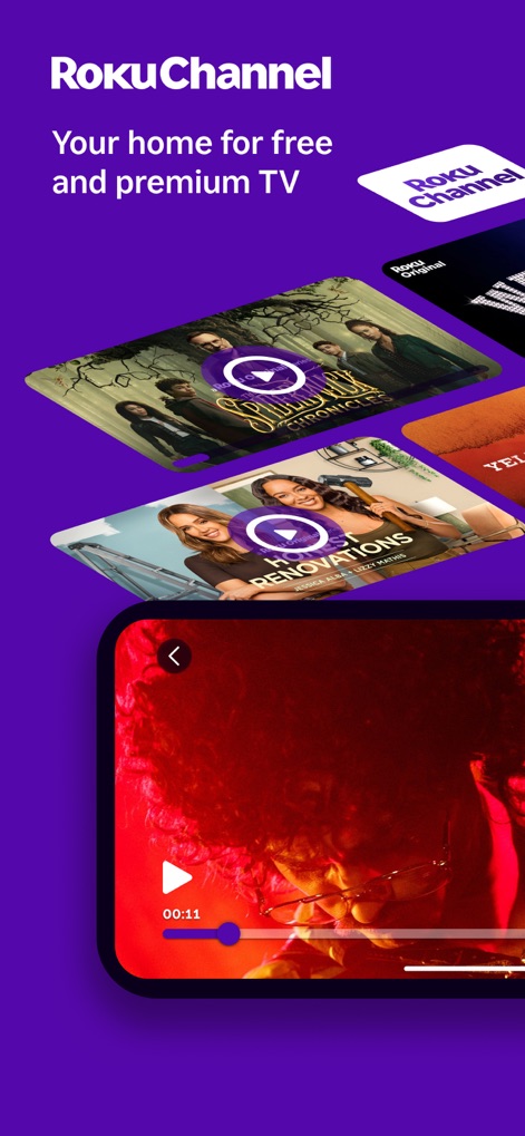 The Roku App (Official) - Ofrece una amplia selección de programas gratuitos y premium, mostrando un reproductor de video a pantalla completa y carátulas de series originales.