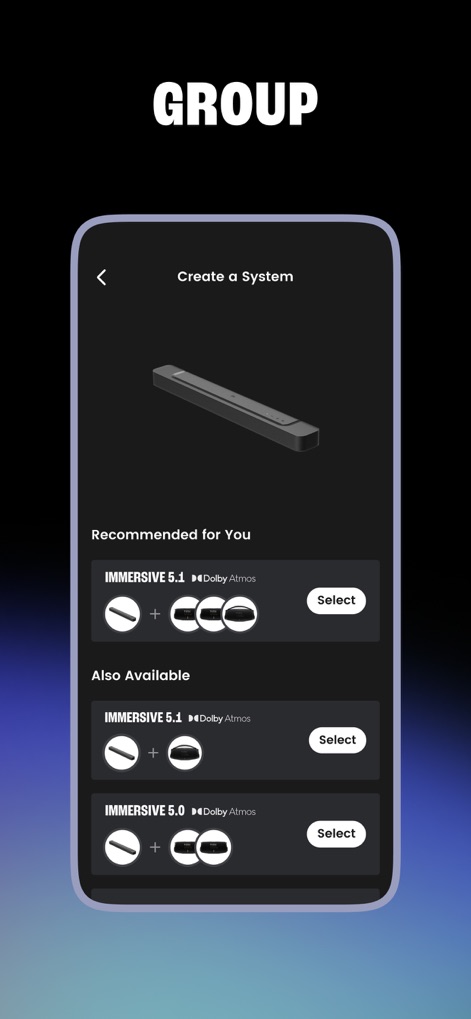 JBL One - Users can effortlessly build a multi-room soundscape, choosing from immersive system options like 'IMMERSE 5.1 Dolby Atmos' and visualizing configurations with speaker icons.