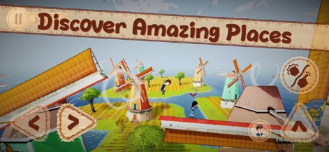 Pepelo 2: Around the World - This screenshot showcases scenic windmill landscapes and intuitive directional controls, inviting users to embark on a worldwide adventure.