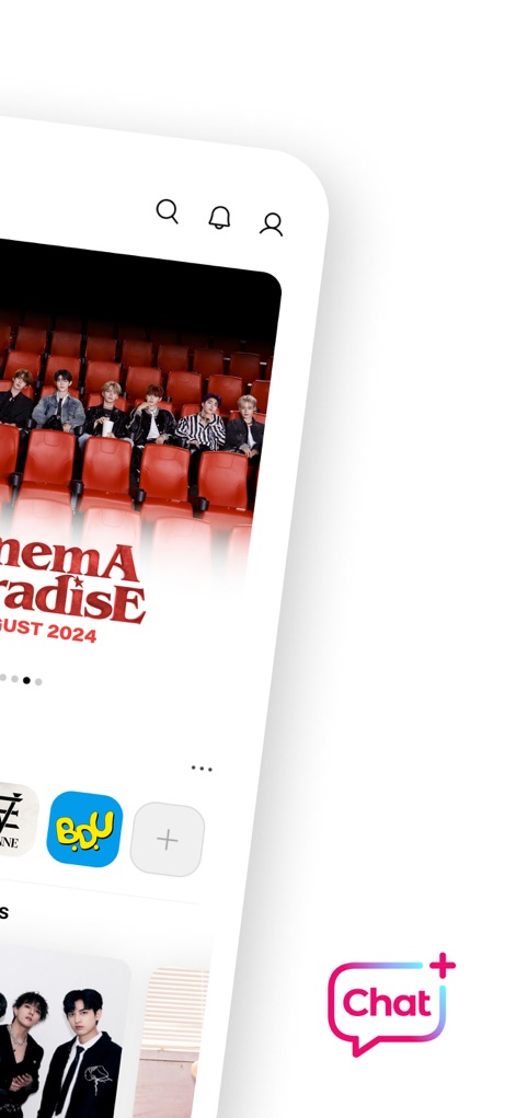 Plus Chat for K-POP - This tool highlights upcoming events like 'Cinema ParadisE August 2024' and provides quick access to various artist communities, including icons for groups like ZEROBASEONE and EVNNE.