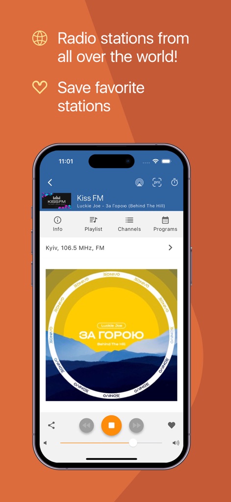 Online Radio Box: FM Radio App - Los usuarios pueden acceder a información detallada de la emisora, como "Kyiv, 106.5 MHz, FM", y utilizar los controles de reproducción integrados para una experiencia auditiva completa, con la opción de añadir fácilmente la estación a "favoritos".