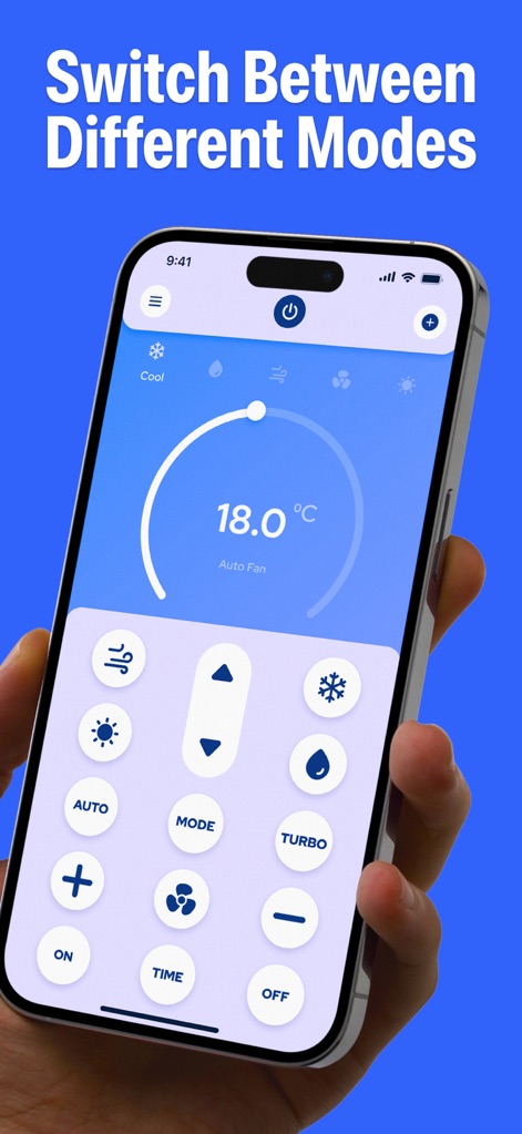 Air Conditioner・AC Remote App - Cet outil présente une interface de contrôle complète, mise en évidence par le cadran de température central pour des réglages précis et les icônes des modes 'Cool' et 'Fan Speed'.