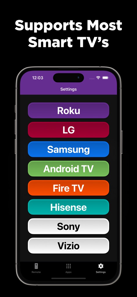 TV Remote - Universal - La herramienta destaca su gran compatibilidad, mostrando una lista extensa de marcas de Smart TV reconocidas como Roku y Samsung, lo que asegura a los usuarios que sus dispositivos son soportados sin necesidad de múltiples mandos.