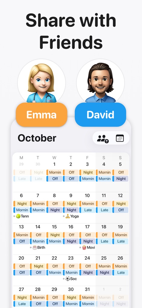 Supershift Shift Work Calendar - 本ツールは、ユーザーがシフトカレンダーを友人や家族と簡単に共有できる連携機能と、月のシフトを一目で確認できる表示を提供します。