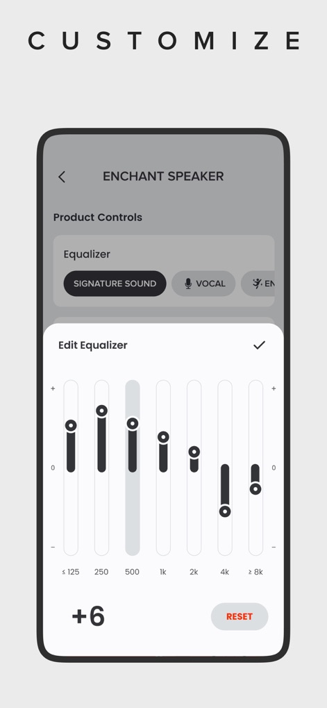 Harman Kardon One - The app provides advanced audio customization options, featuring a detailed graphic equalizer for fine-tuning frequency bands and quick-select presets like 'Signature Sound'.