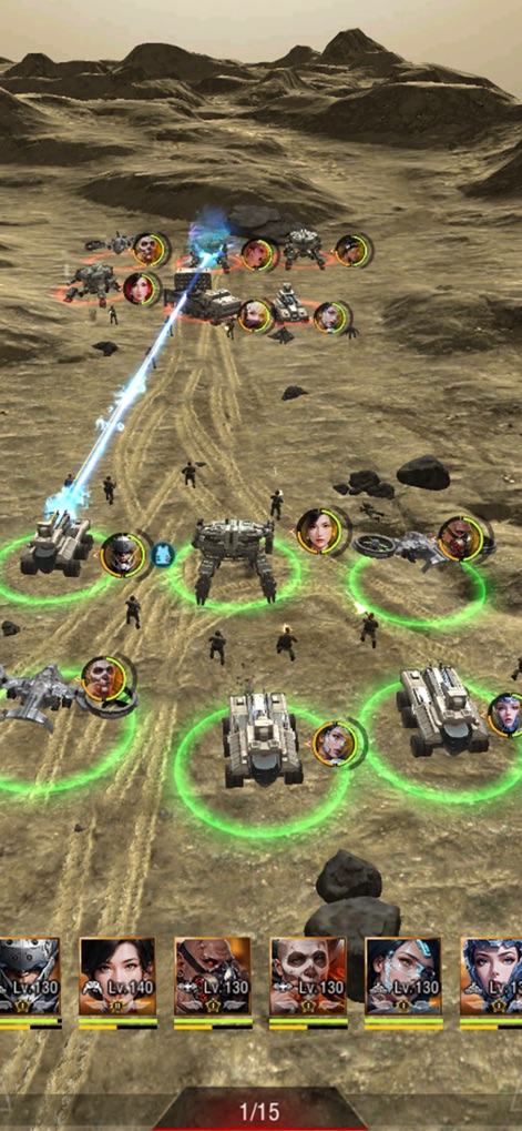 Invasion: Aerial Warfare - The app showcases intense real-time battles featuring diverse ground combat units like tanks and mechs, accompanied by character portraits displaying their individual levels in the thick of the action.