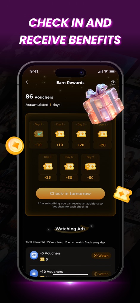 MiniShorts - Users are motivated through an 'Earn Rewards' system, featuring a daily check-in bonus grid and options to gain additional vouchers by 'Watching Ads'.