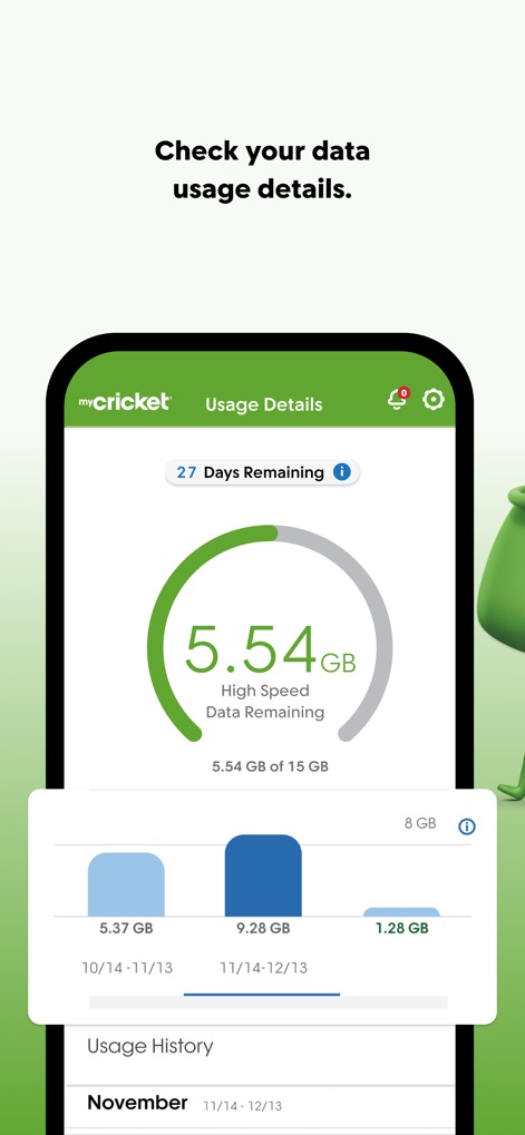 myCricket App - Dieses Tool visualisiert den aktuellen Datenverbrauch mit einer prominenten "5.54 GB" Anzeige und zeigt den Verlauf durch ein klares Balkendiagramm.