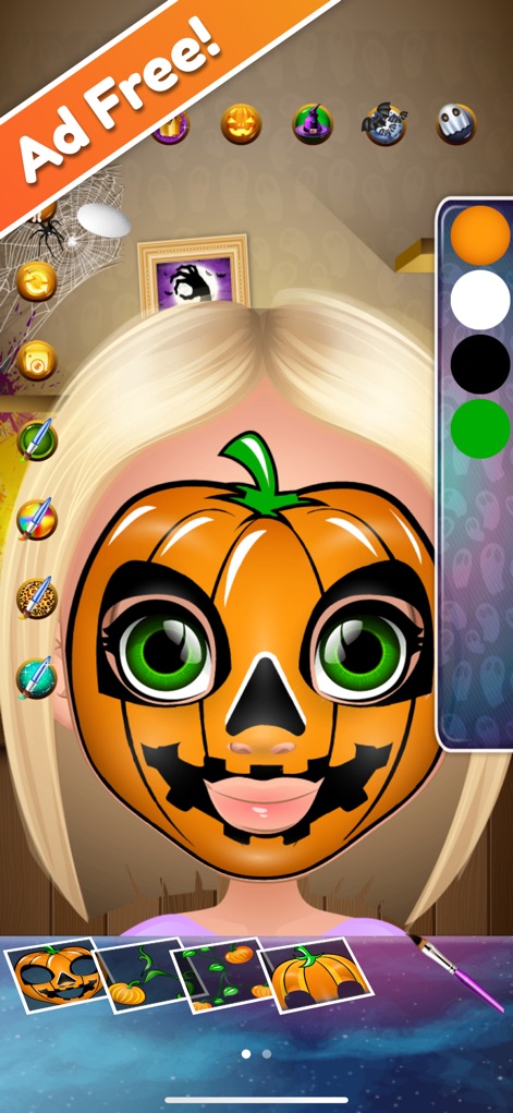 Halloween Face Paint Salon - Users can easily apply pre-designed pumpkin face paint, utilizing the vibrant color selection palette and various brush tools.