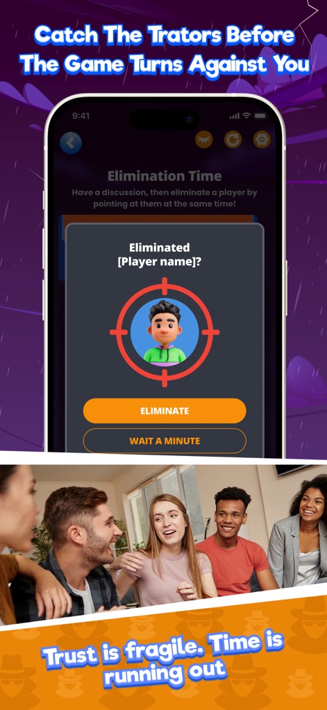 Uncover Lies: Imposter Game - Users can explore the "Elimination Time" interface, which features a targeted player avatar and clear "Eliminate" and "Wait a Minute" action buttons.