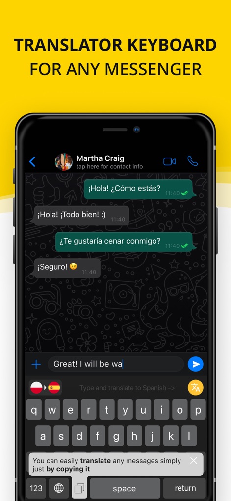 Translator Guru: Voice & Text - La aplicación integra un teclado de traducción directamente en mensajeros, permitiendo a los usuarios chatear en diferentes idiomas y mostrando la opción "Type and translate to Spanish".