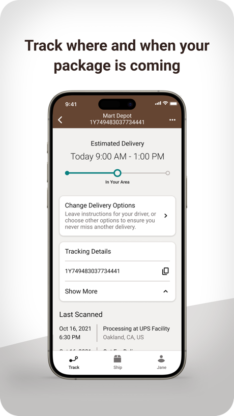 UPS App Store screenshot 3, headline “Track where and when your package is coming”. Tells you to do something.