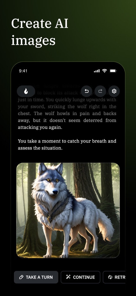 AI Dungeon: RPG & Story Maker - L'esperienza narrativa è arricchita da immagini generate dall'AI, che visualizzano momenti cruciali della storia come il lupo presente nel testo descrittivo dell'azione del giocatore.