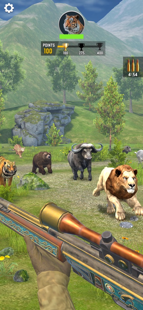 Sniper Shooter Wild - This game presents a rich ecosystem featuring an array of diverse wildlife, including tigers and lions, all viewable alongside a uniquely decorated sniper rifle.