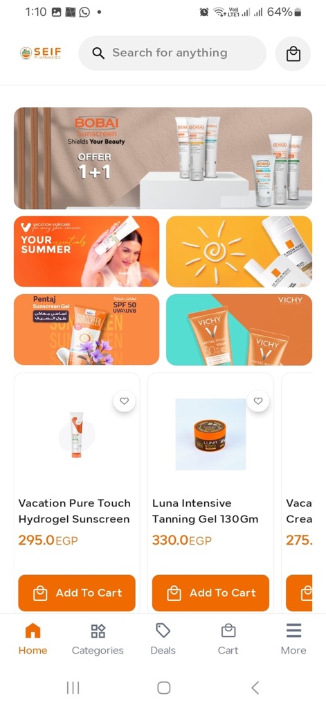 seif pharmacies - صيدلية سيف - Users can easily browse a wide range of products with clear pricing and utilize the prominent 'Add to Cart' buttons, alongside visually engaging '1+1' offers.