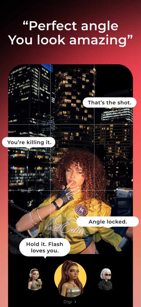 WayShot: AI Cam & Photo Editor - The app provides real-time 'AI voice coaching' through speech bubbles for optimal pose and framing, guiding users with a helpful grid overlay to capture the perfect shot.