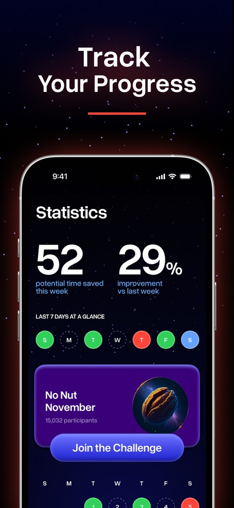 Seed: Quit Temptation & Urges - Users can view detailed statistics, including potential time saved and weekly improvement, and engage with community challenges like "No Nut November" for enhanced motivation.