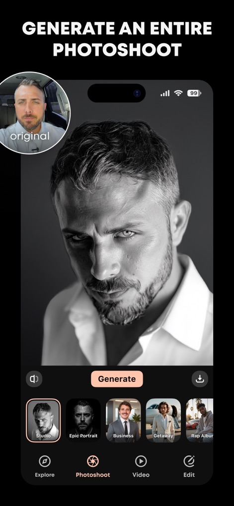 GIO - AI Photoshoot Generator - This tool allows users to generate an entire photoshoot by selecting diverse style options like 'Studio' or 'Business' and viewing their AI-transformed portrait.