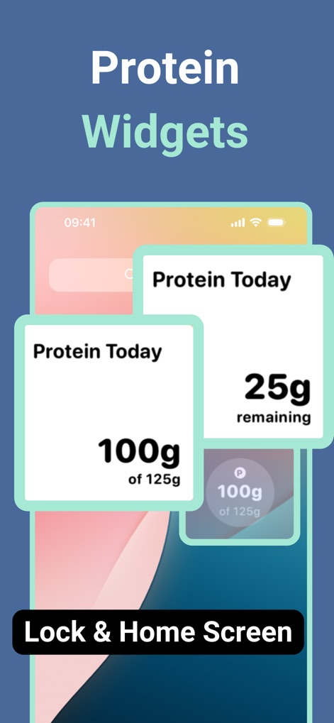 Protein Tracker: Protein Pal - La aplicación mejora la accesibilidad con widgets para la pantalla de inicio y bloqueo, mostrando de un vistazo la proteína consumida ('100g de 125g') y la cantidad restante.