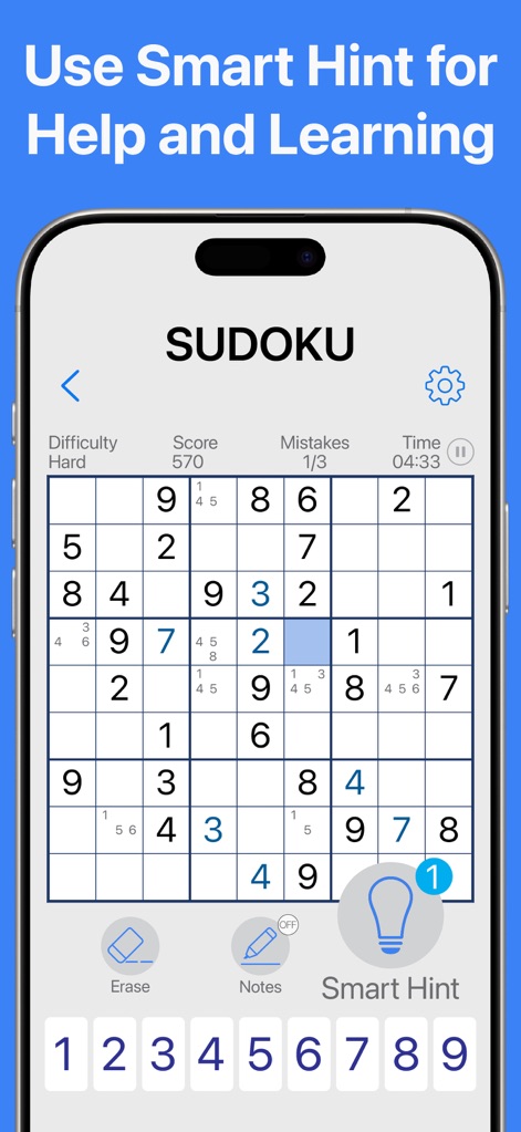 Sudoku No Pop-up Ads - 行き詰まった際には「Smart Hint」機能を利用でき、ユーザーは「Smart Hint」アイコンの利用可能なヒント数と現在の「Score」を確認できます。