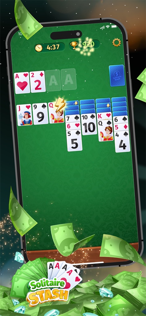 Solitaire Stash: Win Real Cash - Experience classic Solitaire with a modern twist, featuring a clear card layout for fluid play and an on-screen timer and power-up icon for strategic decision-making.